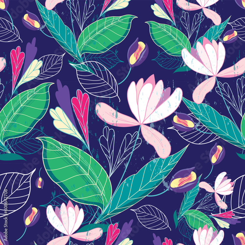 bright seamless floral pattern on a dark blue background © Designpics