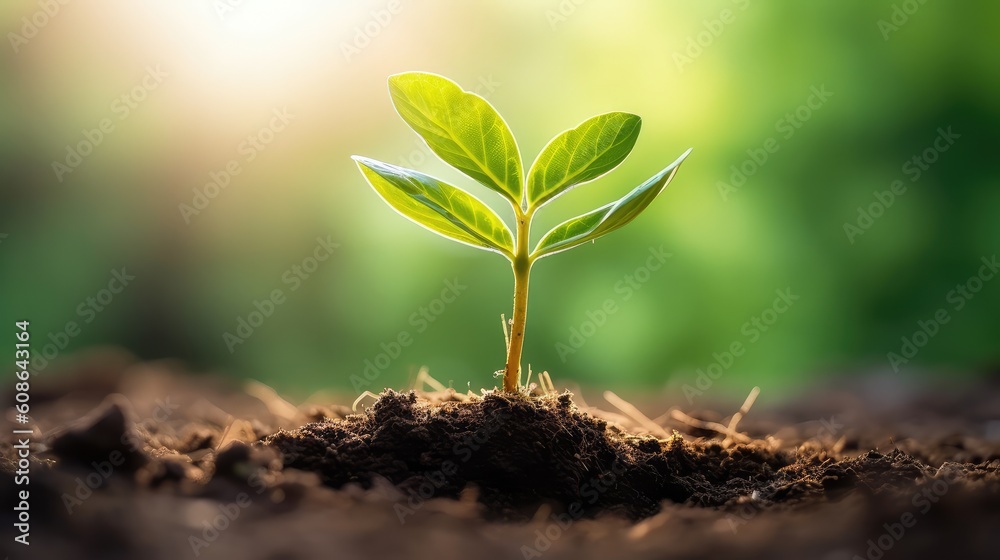 Green seedling illustrating concept of new life and investment in new life, little plant grows in the soil, garden in background. generative AI Green seedling illustrating concept of new life and investment in new life, little plant grows in the soil, garden in background. generative AI