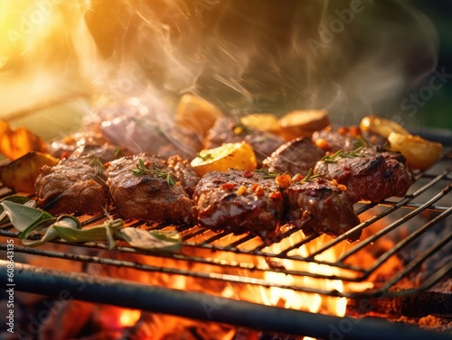 Grilled steaks on barbecue grill with flames and smoke. BBQ party scene in the garden. Selective focus. generative AI