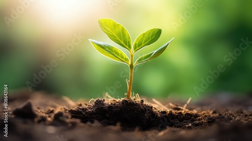 Green seedling illustrating concept of new life and investment in new life, little plant grows in the soil, garden in background. generative AI