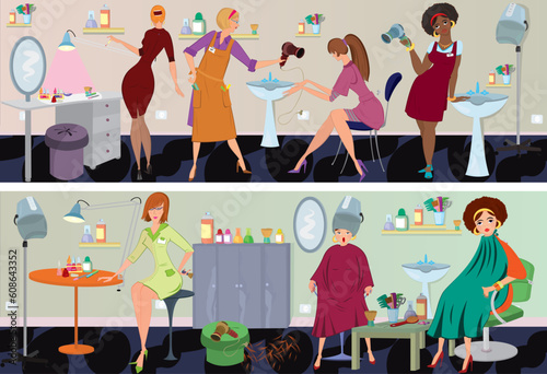 Beauty salon  workers and clients in different situations