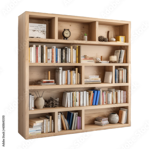 Bookshelf isolated on transparent background. Generative AI