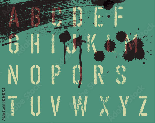 Grunge stencil alphabet with drops and streaks. Vector, EPS10