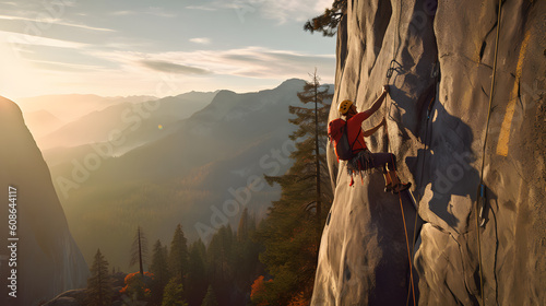 Rock climbing with advanced climbing gear, climber scaling a challenging rock face using state-of-the-art harnesses, ropes, and climbing shoes, Generated AI © Anton