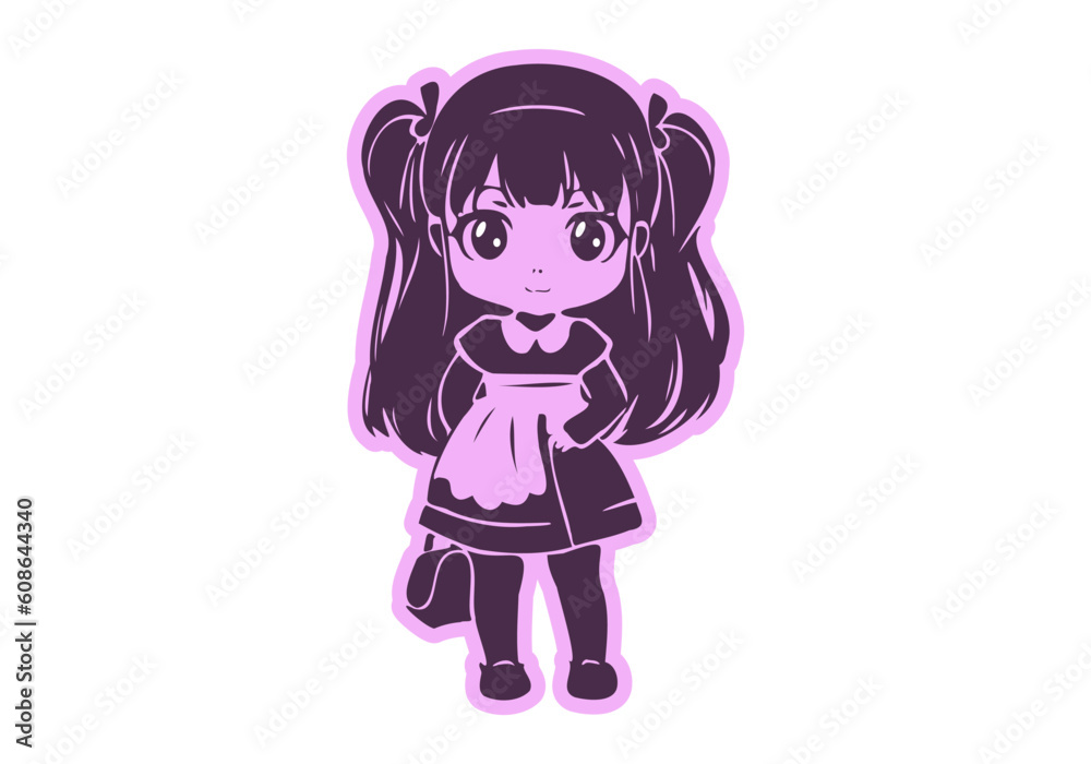 Vector graphic simple beautiful little cute kawaii girl with a handbag and in a dress on a white background. Anime sticker or icon. Vector graphic simple beautiful little cute kawaii girl with a handbag and in a dress on a white background. Anime sticker or icon.