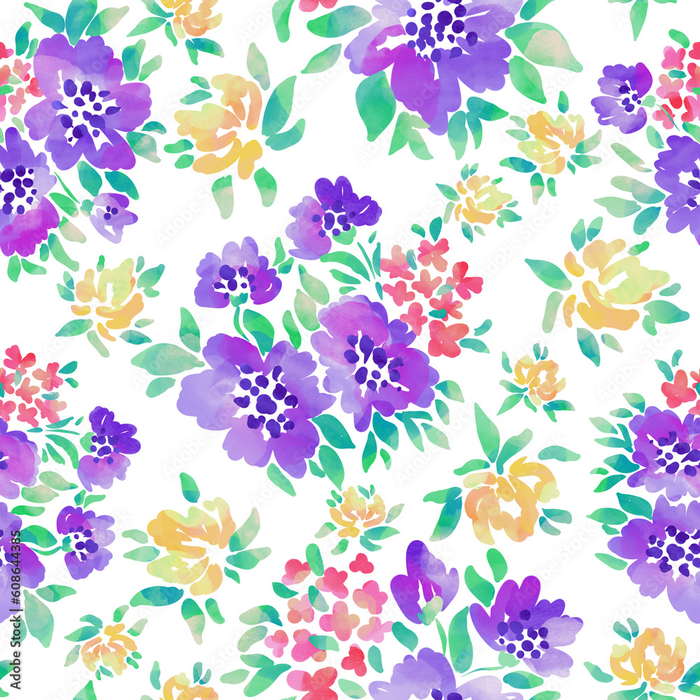 Fototapeta premium Watercolor drawing. Seamless floral pattern with bright colorful flowers and leaves. Elegant template for fashion prints. Modern floral background. Fashionable folk style. Ethnic style.