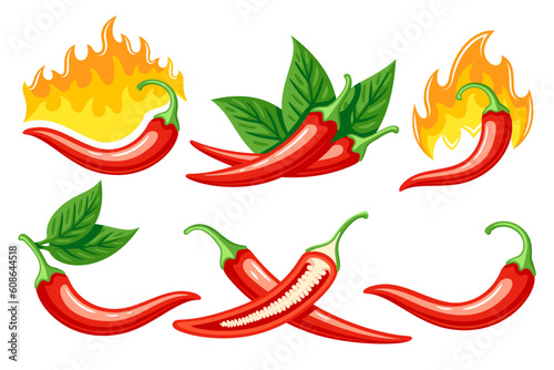 Set of red chili peppers in cartoon style isolated on white background. Hot chili peppers cooking food. Vector illustration