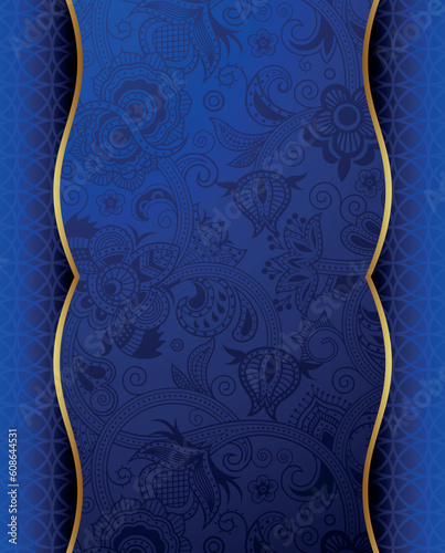 Illustration of abstract blue floral and gold background.