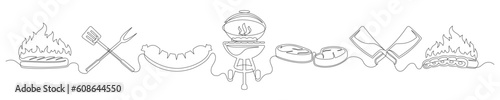 Set of continuous one line BBQ grill elements. Vintage BBQ grill elements isolated on a white background. Vector illustration