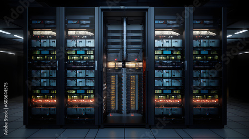 Micron's data center solutions, server rack filled with high-capacity memory modules and storage drives, capacity and performance capabilities of Micron's products, Generated AI