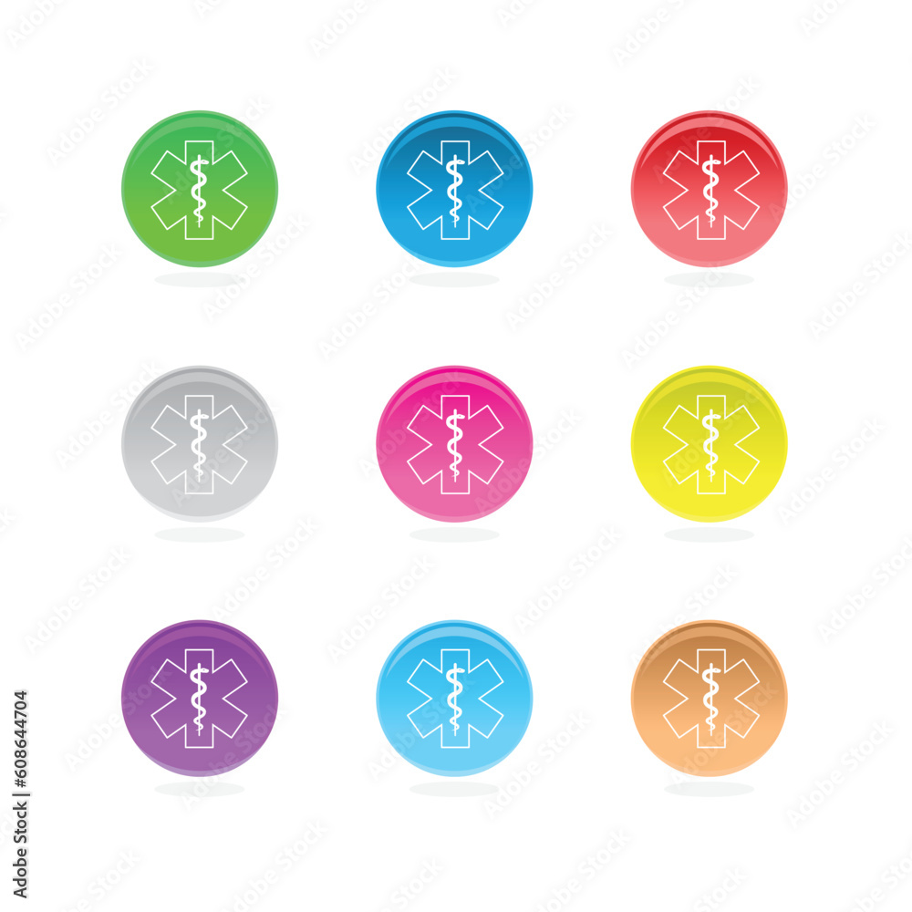 Medical star symbols in color circles isolated on white.