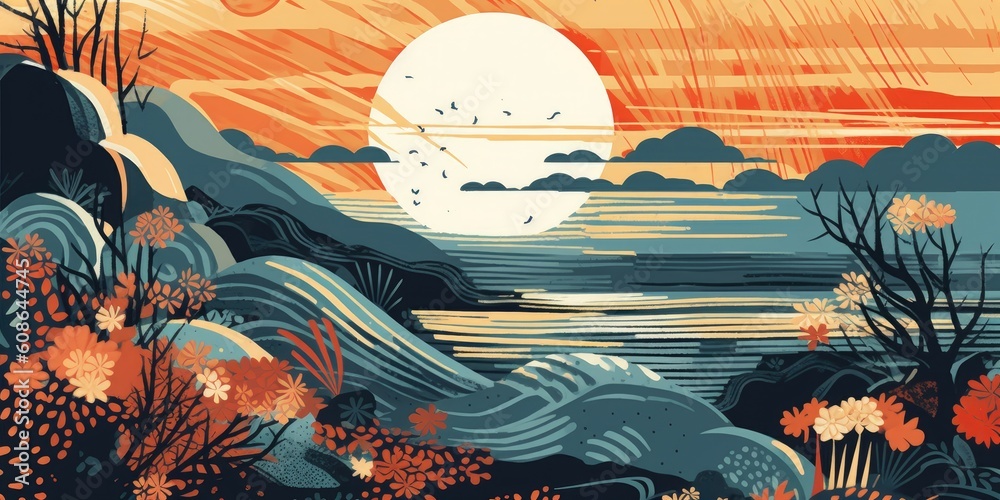 A Illustration Background of a Sea Shore Area in the style of japanese abstraction - Japanese Art Wallpaper of a Sea Shore - Japanese Illustration Backdrop created with Generative AI Technology