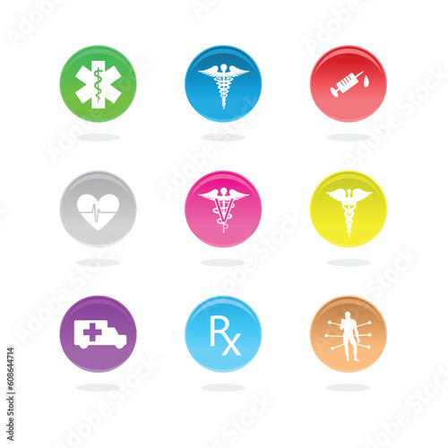 Medical icons in color circles on white background.