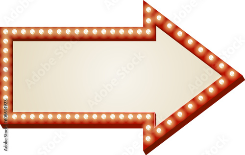 Illustration of red arrow sign with copy space and light bulbs surround