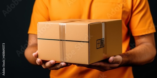 Delivery man holding cardboard boxes isolated on black background.