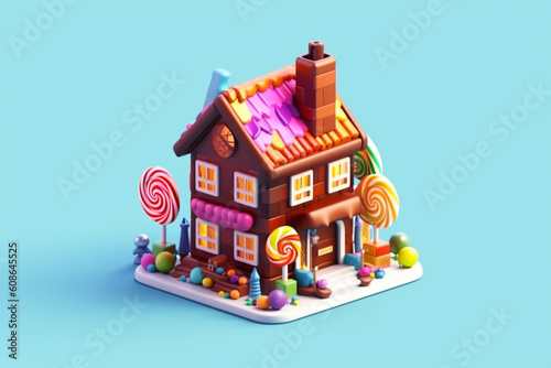 A fnacy candy house with sweets and chocolate  dreamy color  happy  surprised  isometric illustration  minimal background. Generative AI