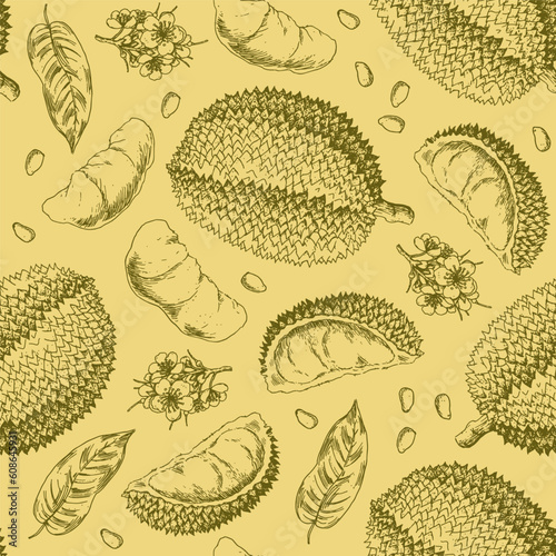 Seamless pattern with hand drawn durian fruit harvest elements. Whole and cut durians, leaves, seeds, flowers.