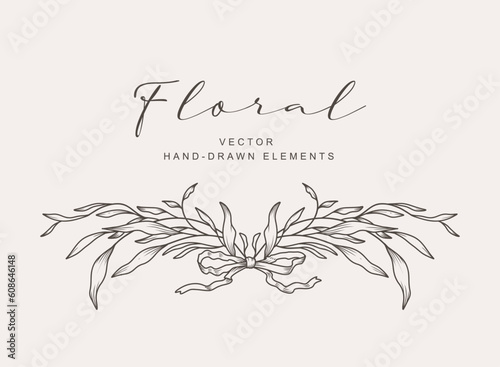 Hand drawn vintage floral border, frame, divider with flowers, leaves and ribbon bows. Trendy greenery elements in line art style. Vector for label, corporate identity, wedding invitation, card