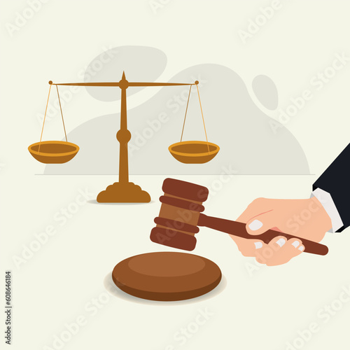 Justice scale with hand hold judges gavel design vector illustration