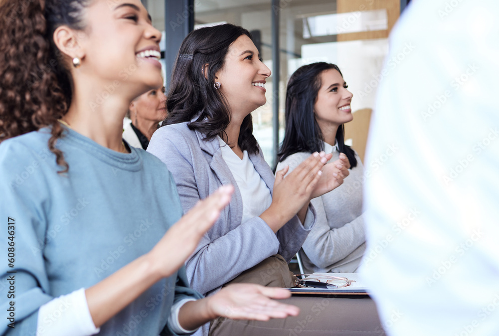 Business people, applause and audience at a conference, seminar or corporate workshop. Professional women group clapping hands in crowd for convention, training and presentation or trade show success