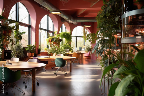Futuristic office space with a lot of green plants