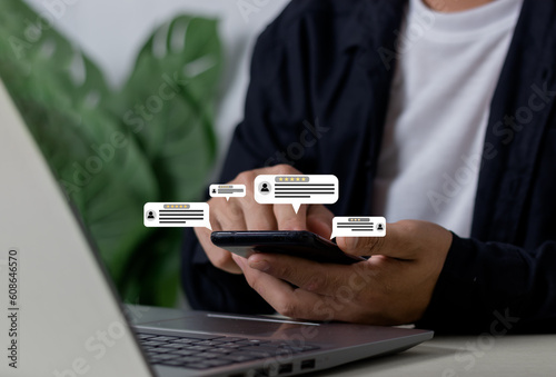Customer review satisfaction feedback survey concept,User give rating to service experience on online application, Customer can evaluate quality of service leading to reputation ranking of business.
