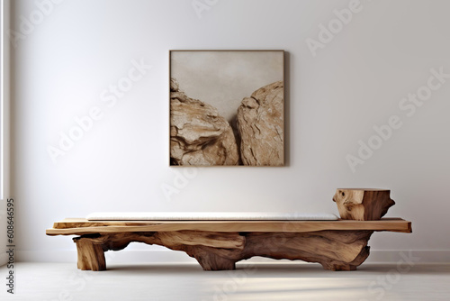 Rustic old wood log bench near white wall with art poster frame. Boho interior design of modern living room in farmhouse. Created with generative AI