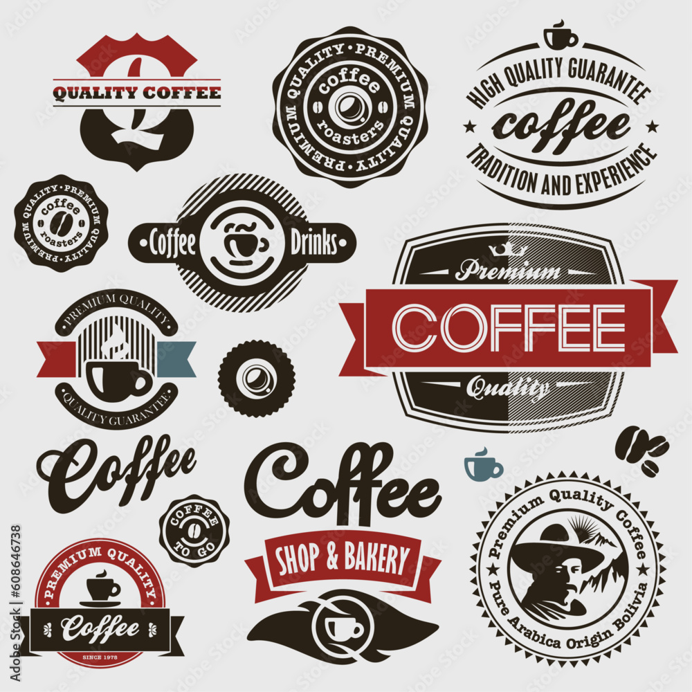 Set of coffee/tea brand logos and illustrations for marketing. Create captivating materials with stylish cups and elegant typography.