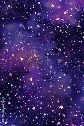 Retro abstract illustration of fantasy stars on dark purple sky. AI generative