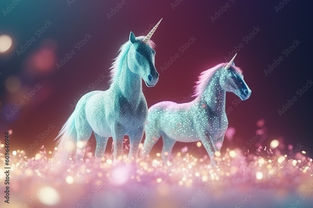 A magic festive of happiness couple unicorns covered in glowing lights in a winter or spring scene