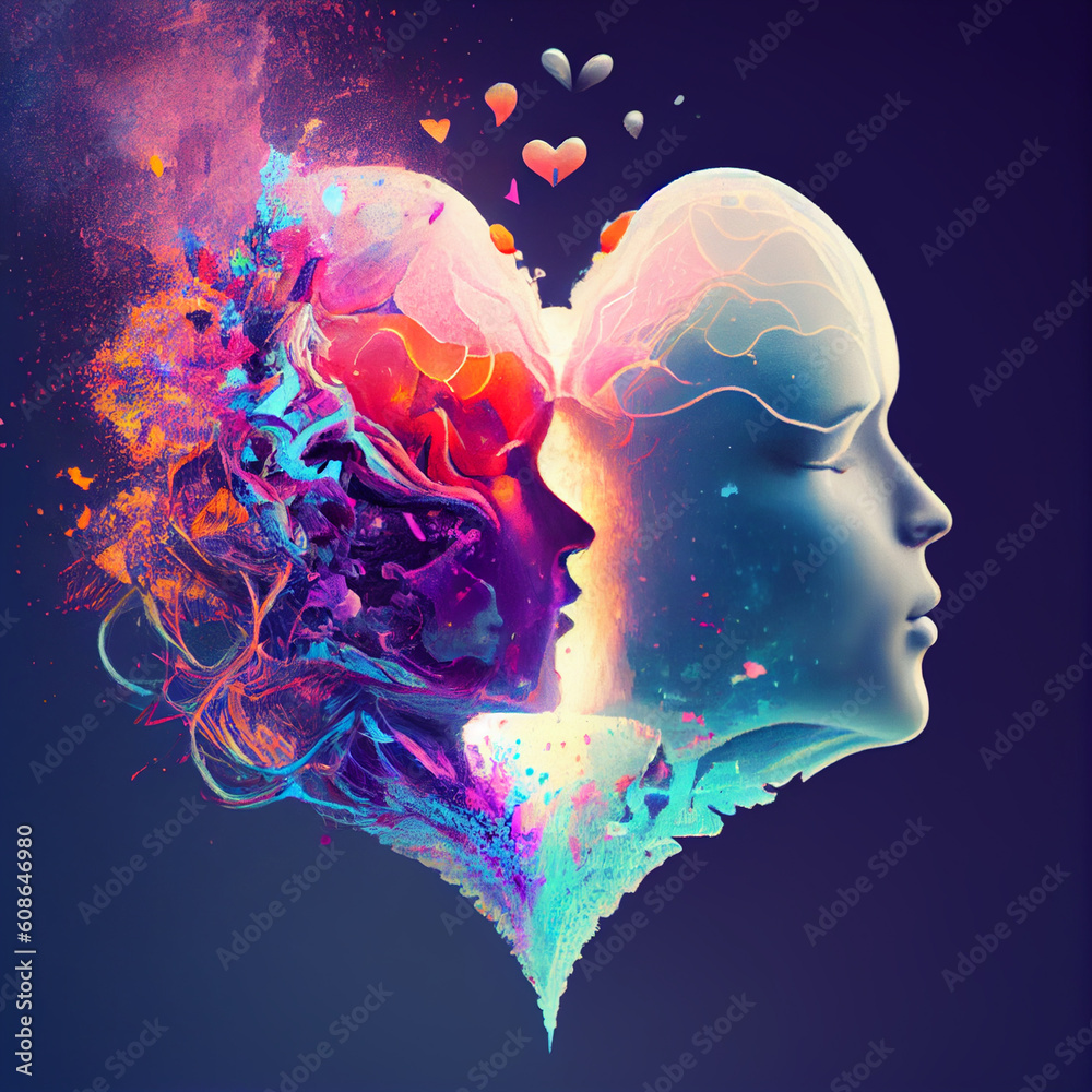 Young couple, dual soul with vibrant colorful waves, heart cloud, love and emotion, relationship and friendship, generative AI
