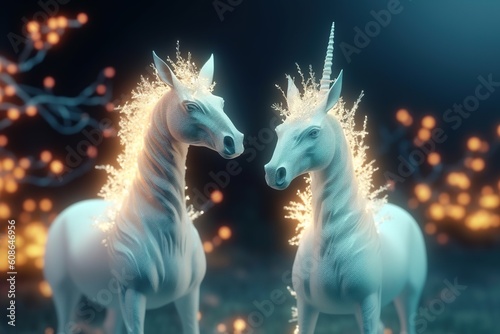 A magic festive of happiness couple unicorns covered in glowing lights in a winter or spring scene