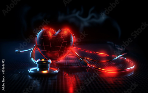 stethoscope and red heart with cardiogram. Neon Light effect. on black background. Generative AI