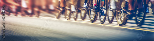 Captivating panoramic image of a fast-paced peloton in a bike race, focusing on wheel level with dynamic trail effect – evokes thrill and determination. Generative AI photo