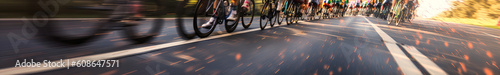 Captivating peloton of cyclists racing at full speed on a road, close-up focus on wheels with dynamic motion blur, evoking adrenaline and determination. Generative AI photo