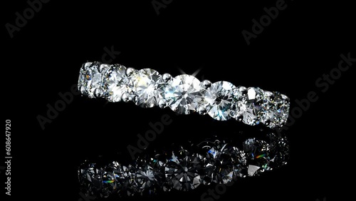 Diamond eternity ring swaying on black glossy background. Seamless loop 3d animation