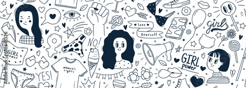 Seamless vector banner with cute hand drawn doodles about women and feminism. Girl power background with outline illustrations. Woman rights concept. Black line pattern