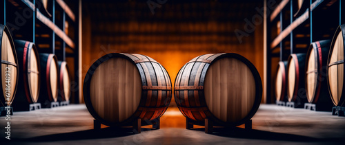 Wine or cognac barrels in the cellar of the winery, Wooden wine barrels in perspective. wine vaults. vintage oak barrels of craft beer or brandy. Generative ai. © Maxim Chuev