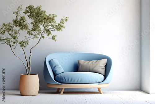 Cute blue loveseat sofa or snuggle chair and pot with branch. Interior design of modern living room with white wall with copy space. Created with generative AI