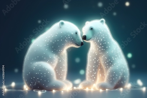 couple bear covered in glowing lights  in a winter scene