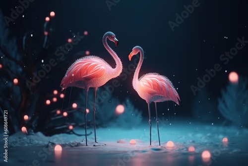 a couple flamingo covered in glowing lights, in a winter scene