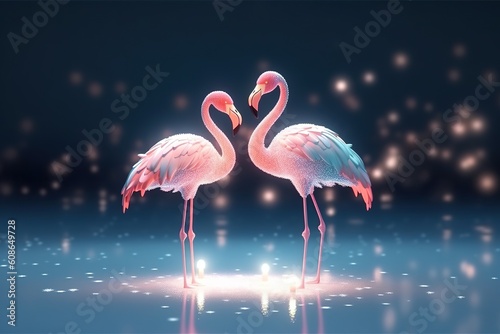 a couple flamingo covered in glowing lights, in a winter scene