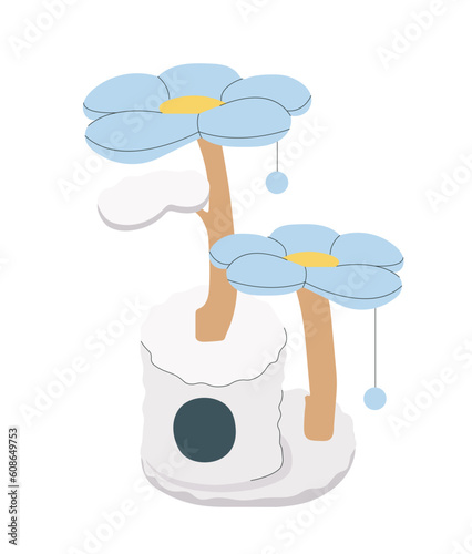 Cats scratching post concept. Beds in flower shapes on pillars for claw turning. Interior element, comfort and coziness in apartment. Cartoon flat vector illustration isolated on white background