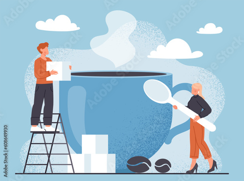 People with huge coffee cup concept. Man and woman standing with sugar cubes near hot drink. Latte, cappuccino and espresso, americano. Beverage and aroma. Cartoon flat vector illustration