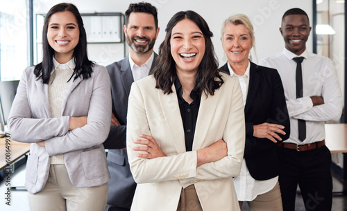 Happy, crossed arms and portrait of business people in office with confidence for teamwork and collaboration. Diversity, professional and group of employees with corporate manager in the workplace.