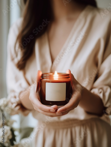 Woman in beige dress holding burning candle, design and branding ready candle jar mockup with female hands, no face Generative AI photo