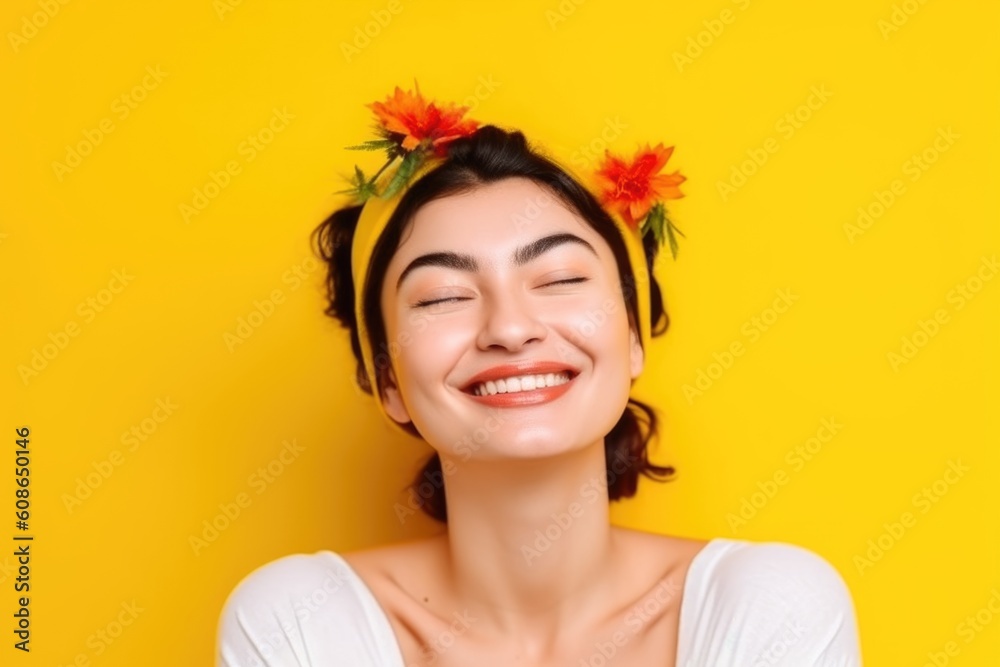 woman, face and smile in nature for wellness, peace or happiness spv fitness on yellow background, created with generative ai woman, face and smile in nature for wellness, peace or happiness spv fitness on yellow background, created with generative ai