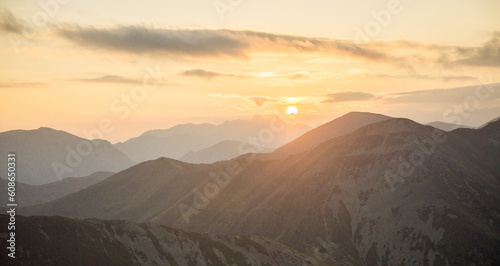 Mountain colorful sunrise photo from West Tatras in Slovakia in the autumn near Liptov region, Ziarska valley.