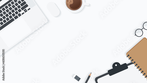 Cover and banner of working desk with gadget. Top view of table working and free space for text with computer, laptop, notebook, coffee cup, phone and paper.