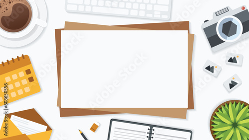 Cover and banner of working desk with gadget. Top view of table working and free space for text with computer, laptop, notebook, coffee cup, phone and paper.